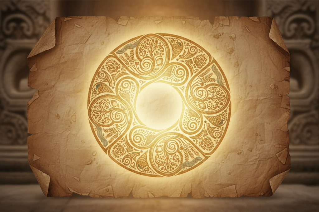 Ancient barakah symbol on weathered paper, no writing, intricate provision pattern, gentle spiritual illumination, aura of halal sustenance.
