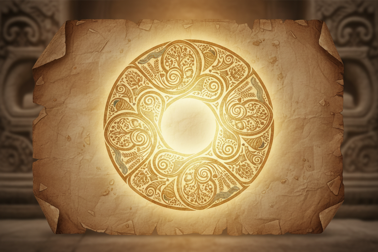 Ancient barakah symbol on weathered paper, no writing, intricate provision pattern, gentle spiritual illumination, aura of halal sustenance.
