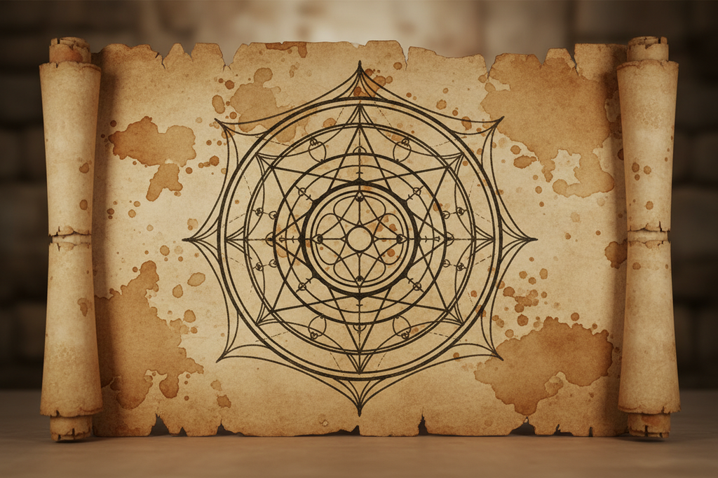 Ancient initiation symbol on weathered parchment, no text, powerful geometric seal, elite spiritual lineage atmosphere, quiet reverence.