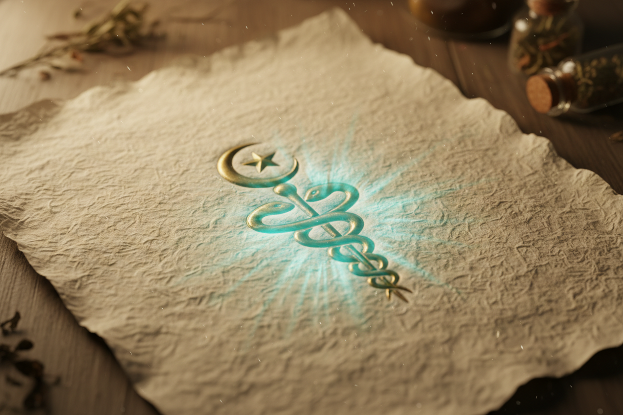 Ancient shifa symbol on textured paper with glowing restorative aura and calm mystical illumination

