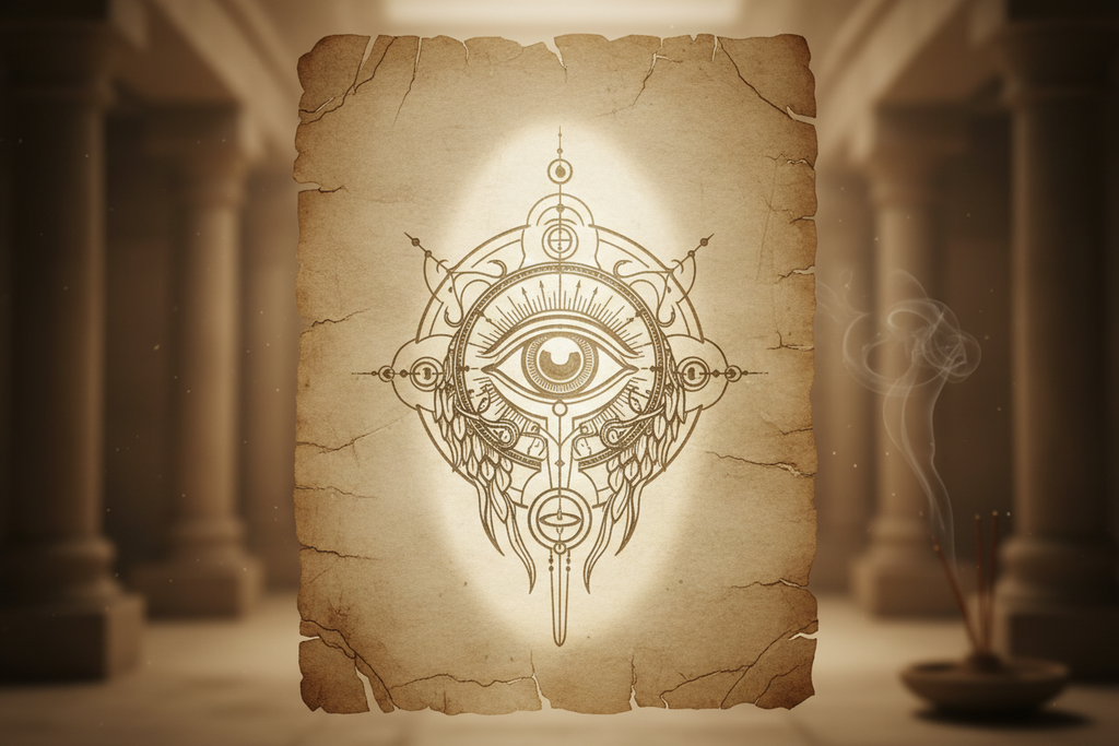 Ancient vision opening symbol on textured paper with gentle luminous aura and serene spiritual atmosphere
