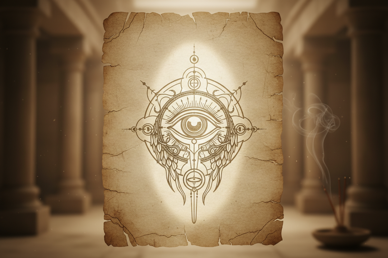 Ancient vision opening symbol on textured paper with gentle luminous aura and serene spiritual atmosphere
