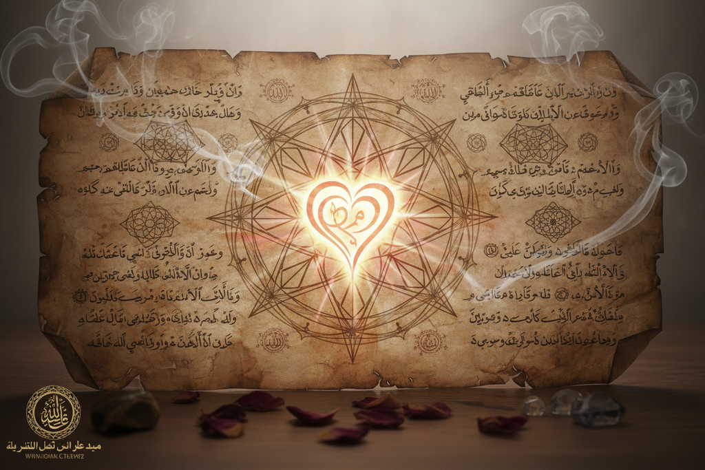 Blessed love and reconciliation taweez on weathered parchment with radiant heart opening seal in a serene spiritual atmosphere