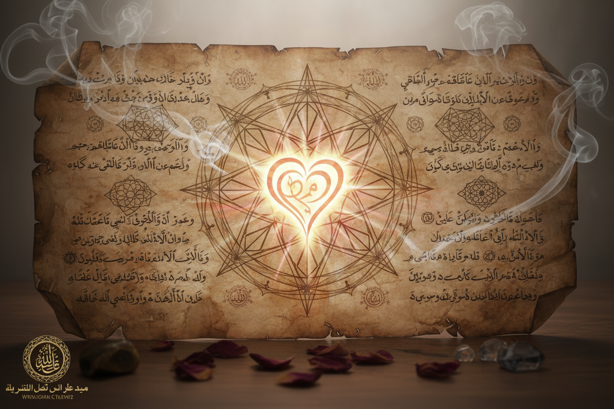 Blessed love and reconciliation taweez on weathered parchment with radiant heart opening seal in a serene spiritual atmosphere