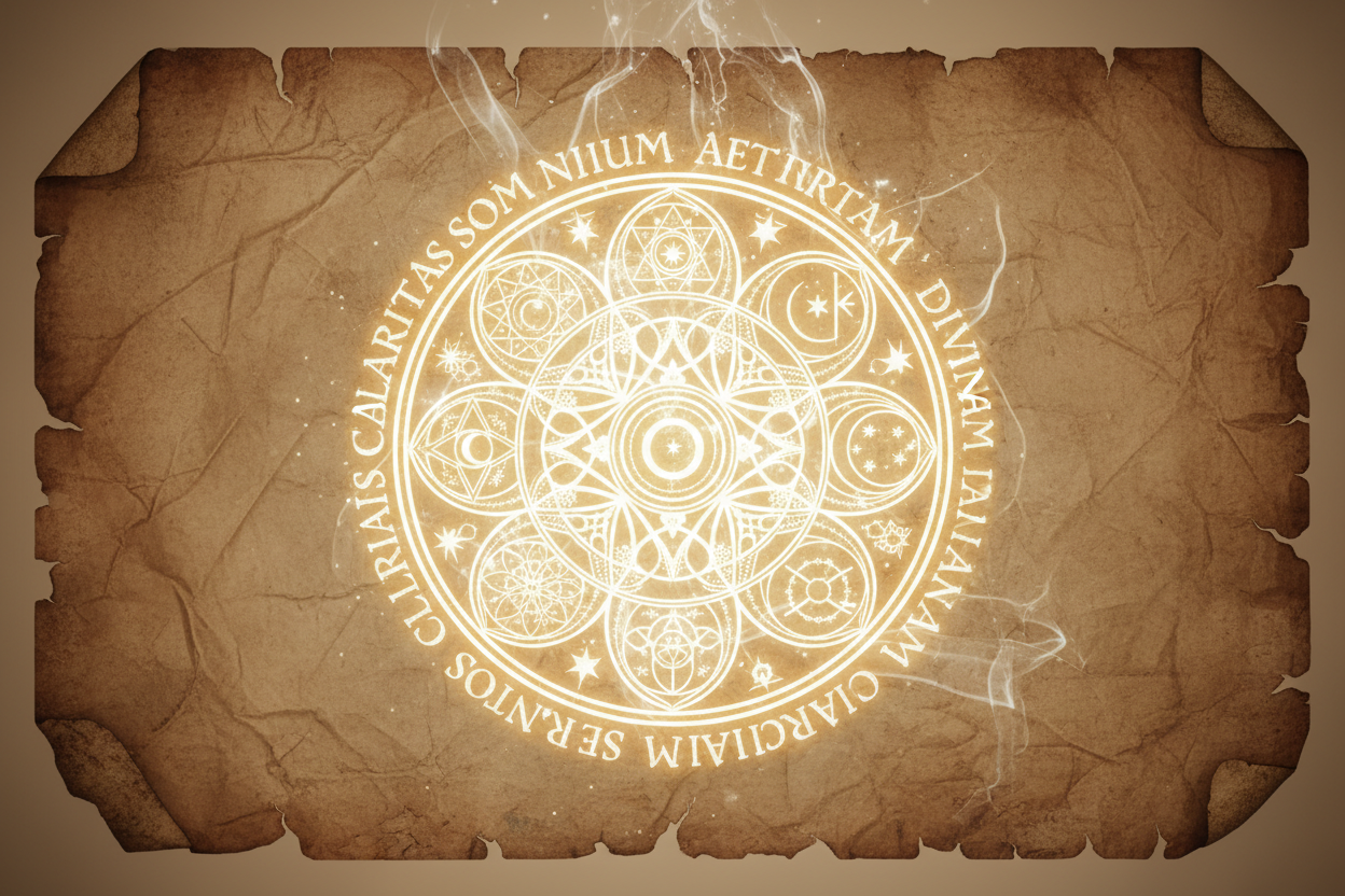 Divine dream clarity seal on weathered parchment with calm radiant light and subtle otherworldly presence