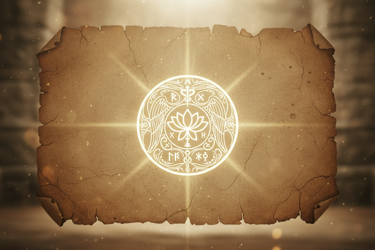 Divine healing seal on weathered parchment with serene luminous presence and peaceful sacred atmosphere