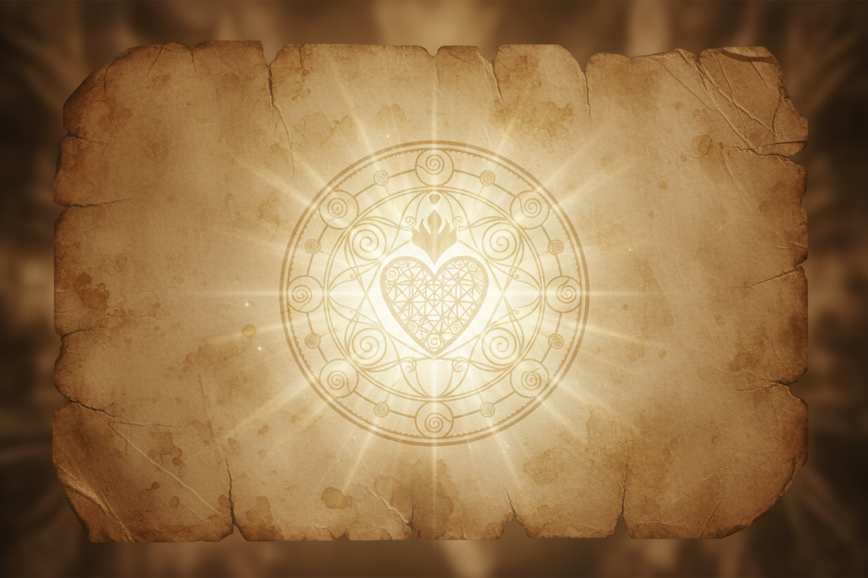 Divine heart healing seal on weathered parchment with quiet radiant light and compassionate sacred presence