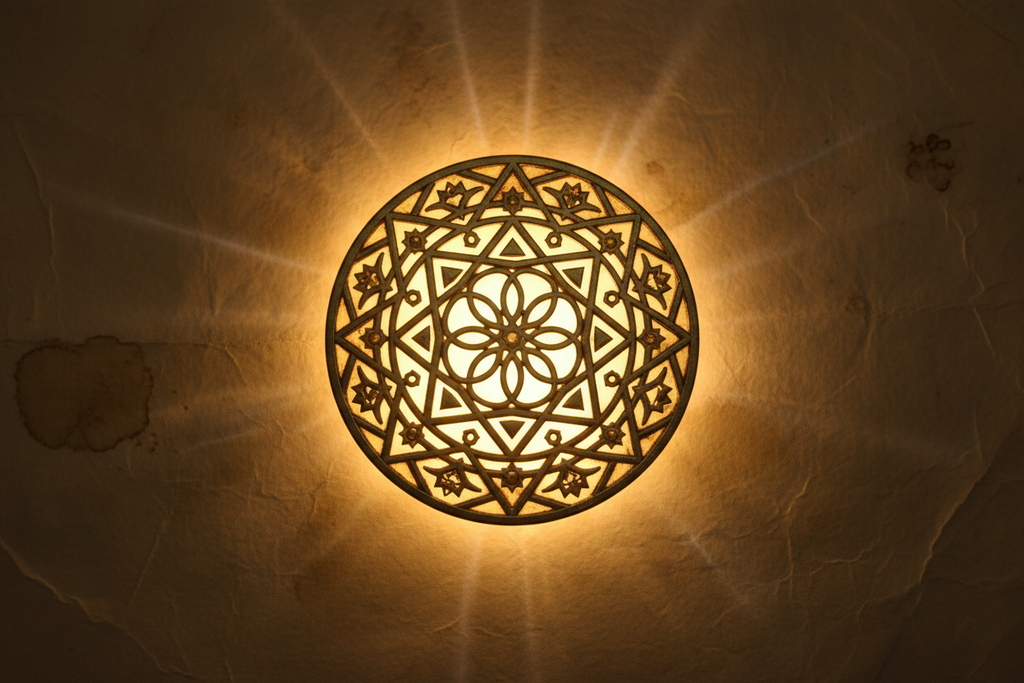 Mystical aura-purification taweez on textured parchment, no text, powerful symbolic pattern, serene spiritual glow.