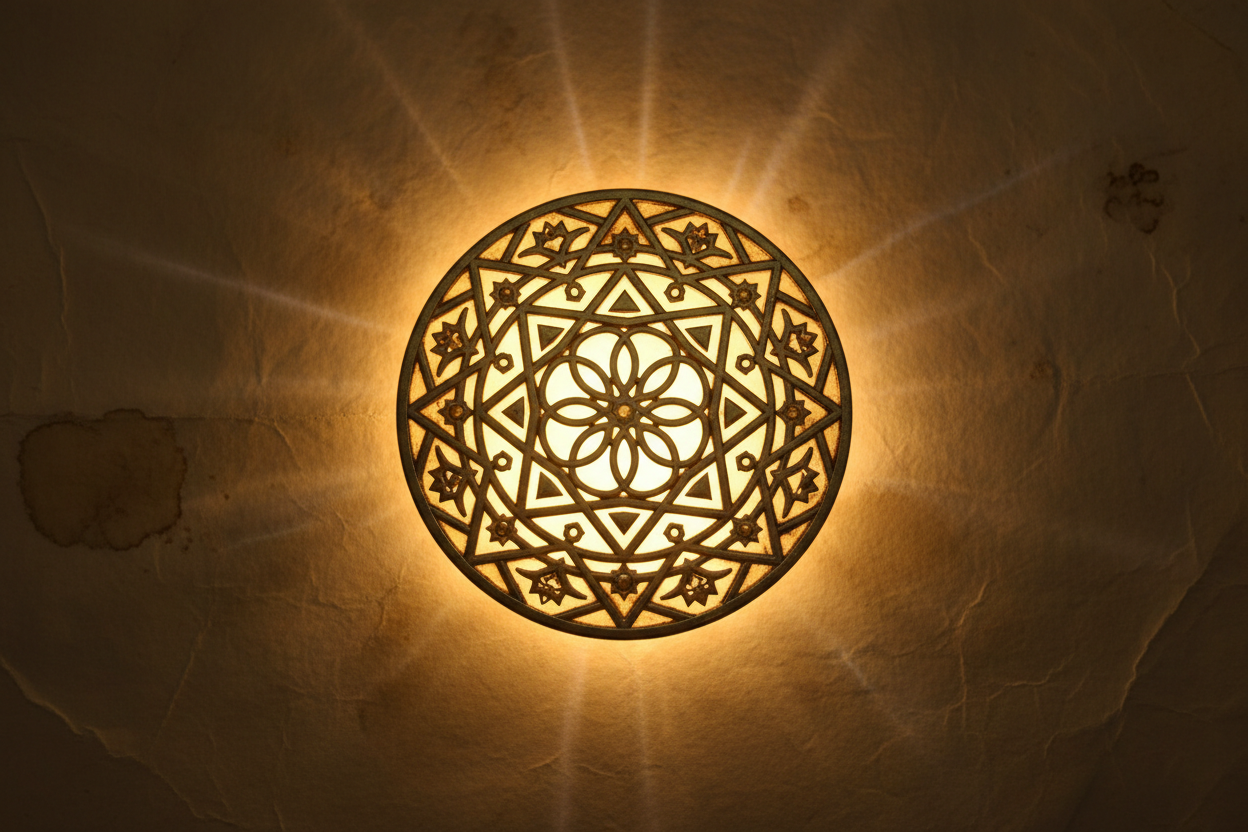 Mystical aura-purification taweez on textured parchment, no text, powerful symbolic pattern, serene spiritual glow.