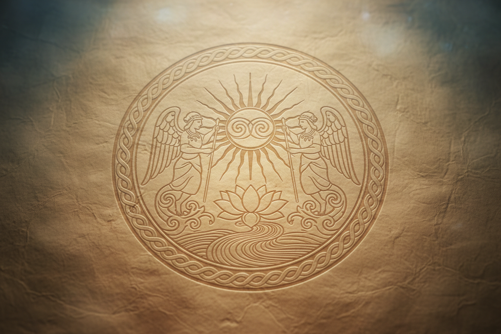 Mystical permission emblem on textured paper, no writing, royal spiritual crest, soft ethereal illumination, sacred authority.

