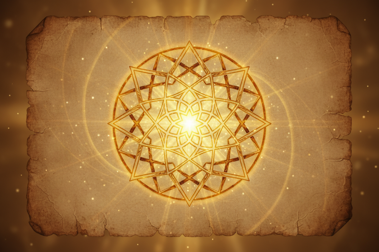 Rizq-opening talisman on textured parchment, no text, mystical geometric seal, serene divine light, energy of abundance and blessing.