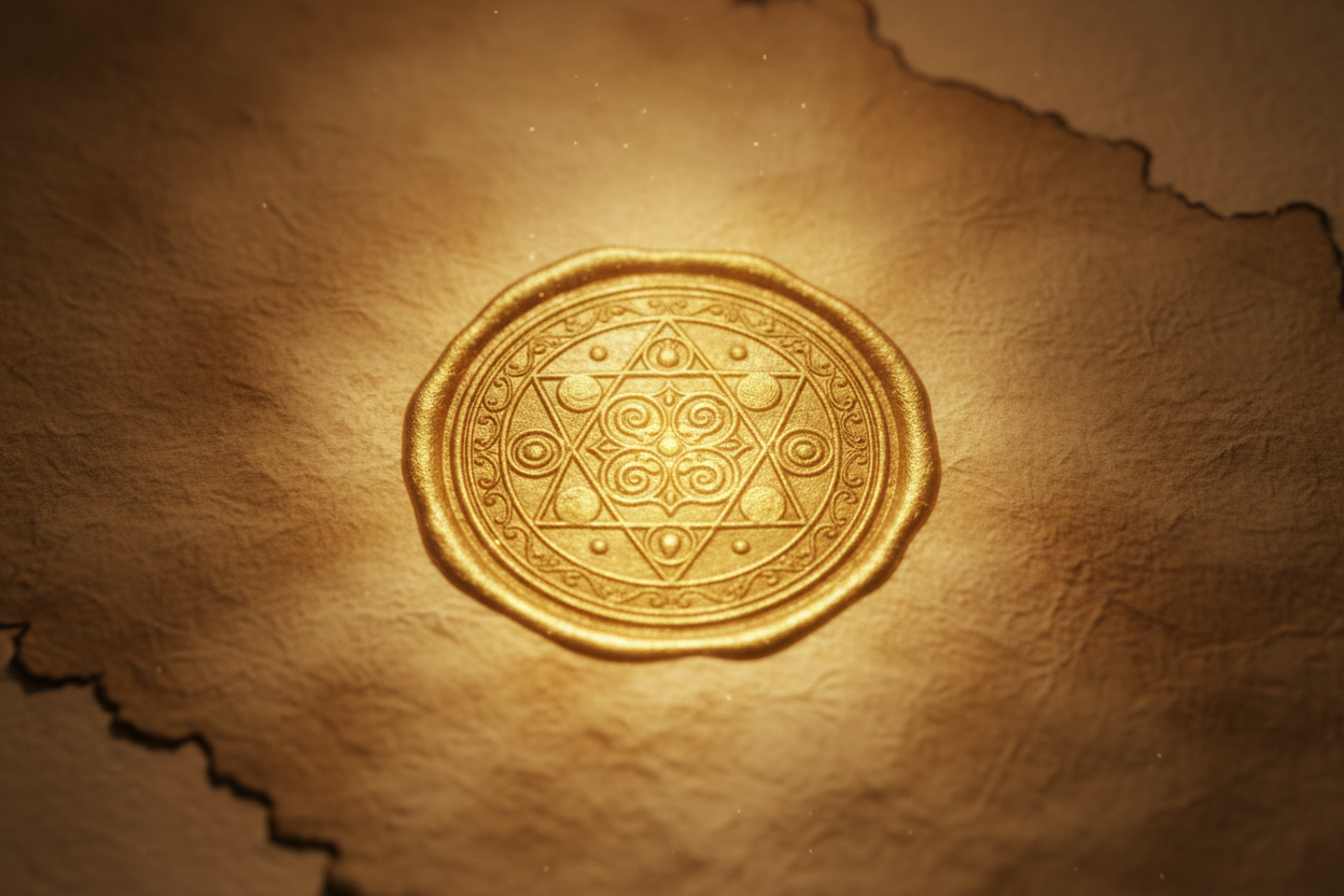 Sacred golden seal on aged parchment, no text, ancient lineage symbol, glowing divine light, exclusive invitation energy.
