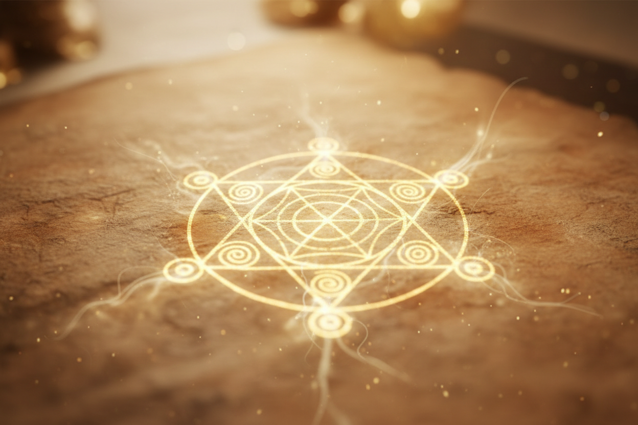 Sacred guidance symbol on aged parchment with soft divine glow and serene spiritual atmosphere
