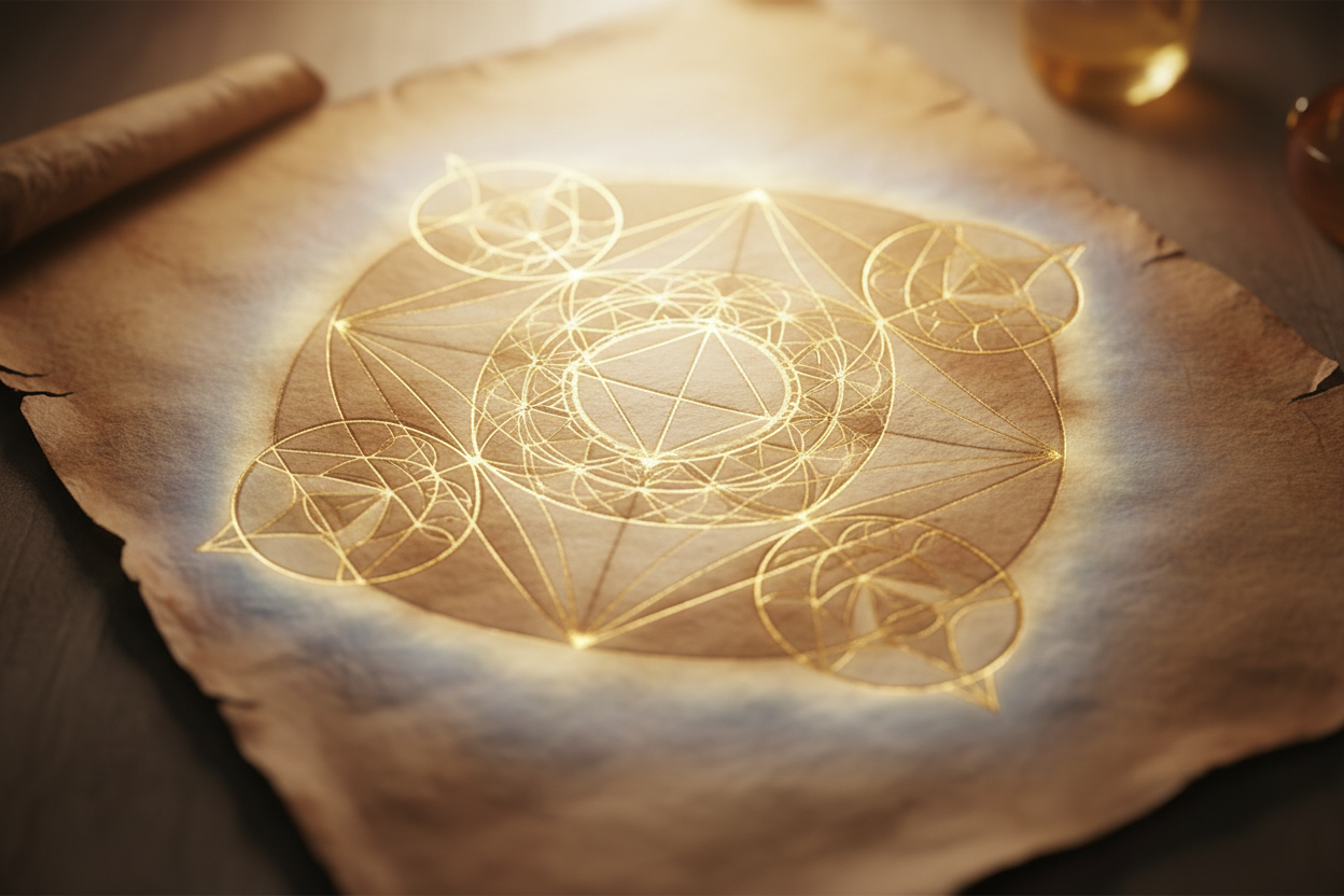 Sacred healing talisman on weathered paper, no writing, intricate geometric design, divine luminous atmosphere.
