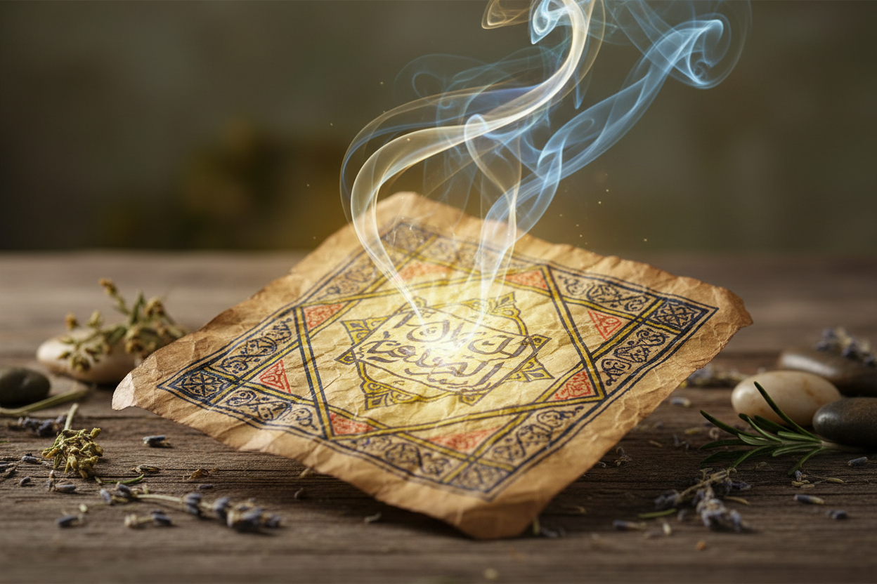 Sacred healing taweez on aged parchment with soft radiant light and gentle soothing spiritual energy
