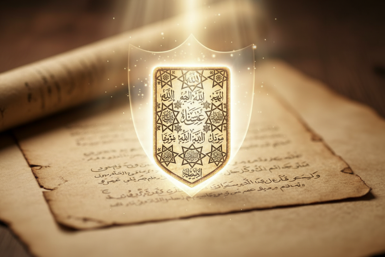 Sacred protection taweez on aged parchment with soft radiant shield like glow and calm spiritual energy
