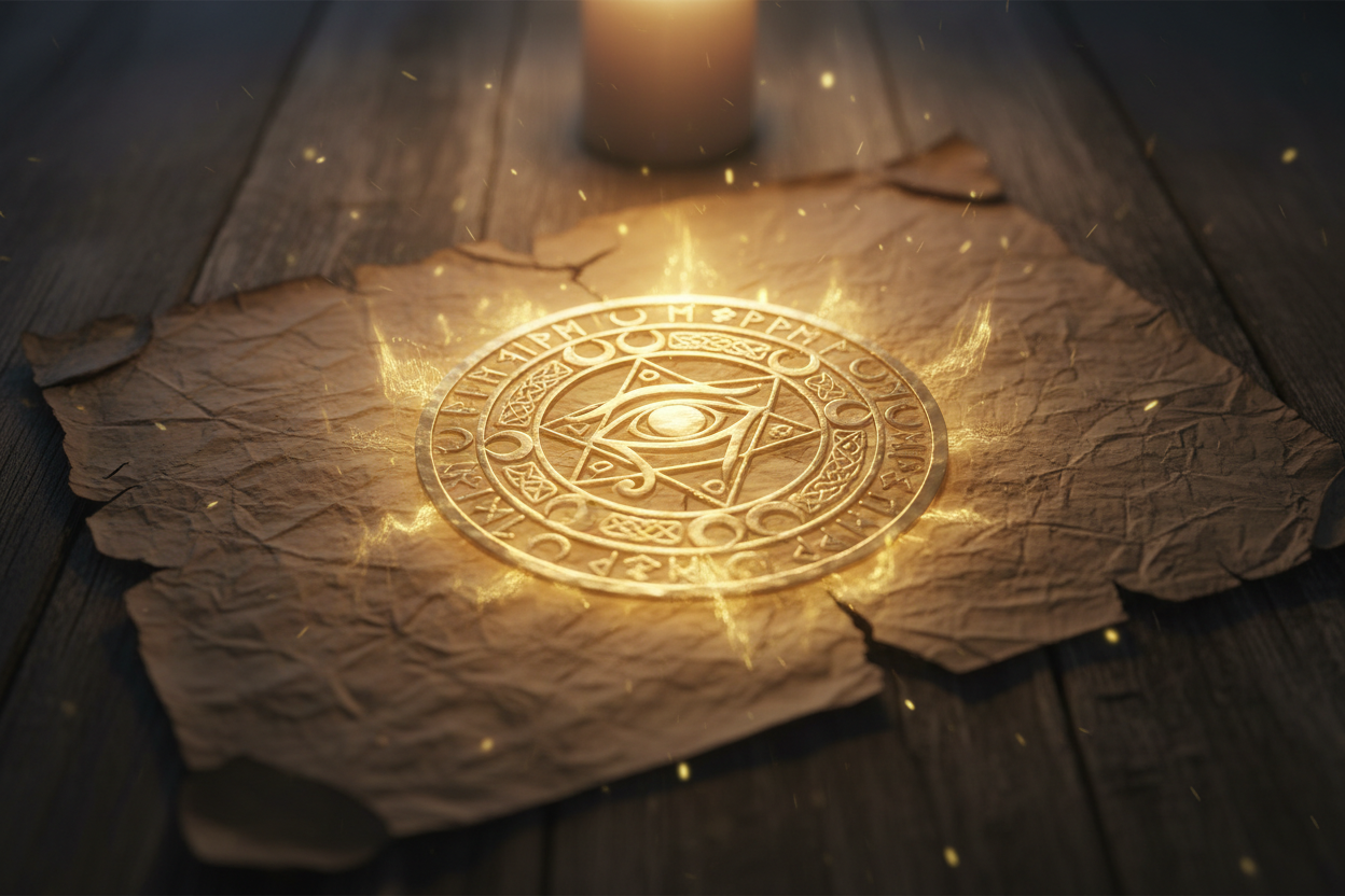 Spiritual decision guidance talisman on weathered parchment with calm radiant light and sacred presence